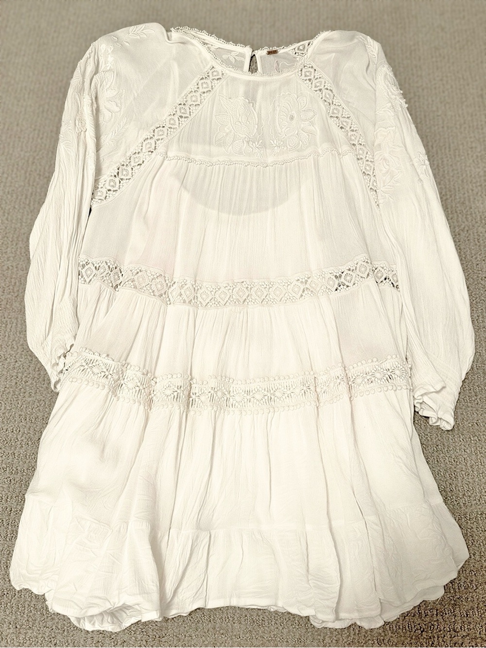 Free People Piece Of Your Heart Embroidered Tiered Dress Ivory White Boho XS